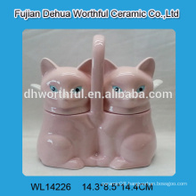 Cute double ceramic seasoning pots with pink fox design